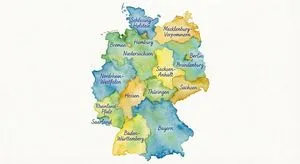 Watercolor map of Germany with labeled states