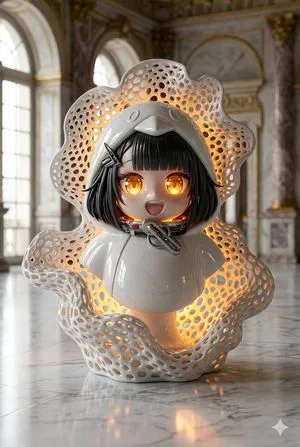 Porcelain Gugu Sculpture with Amber Light