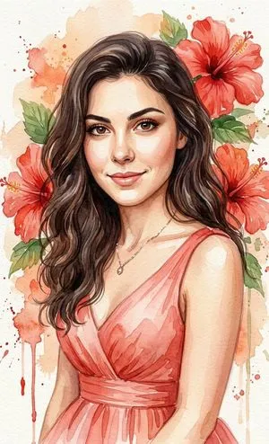 Watercolor Portrait with Hibiscus Prompt