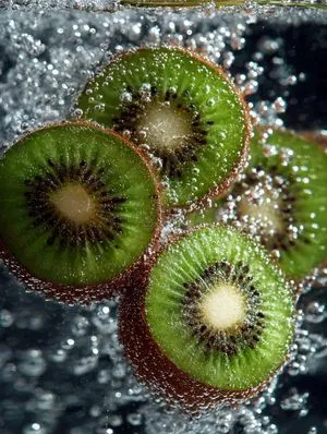 Macro Shot of Kiwi Slices in Sparkling Water