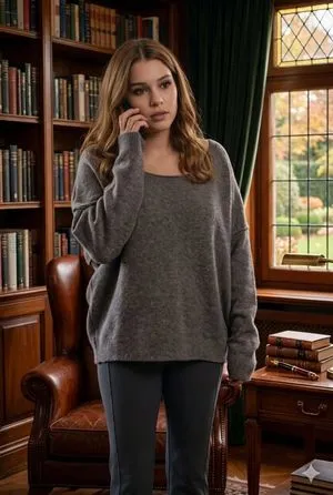 Cinematic Library Scene with Woman on Phone