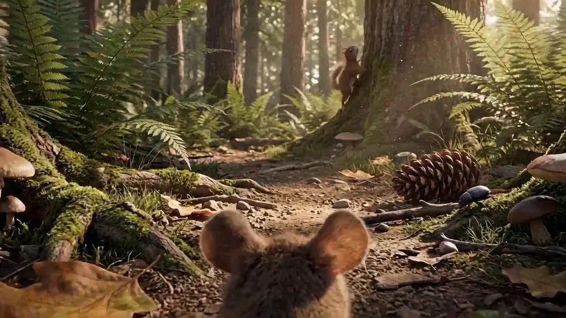 A little mouse travels through a forest to a cowboy restaurant. After crossing the forest, turn right to reach the main entrance first, and then enter the interior of the cowboy restaurant.